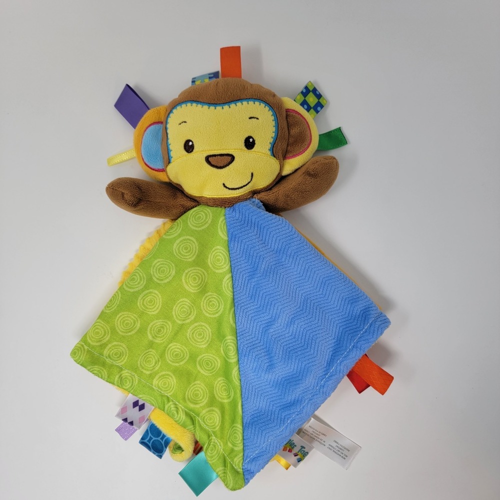 Taggies Monkey Lovey Yellow Blue Colorful Plush Ribbons Sensory Security Blanket